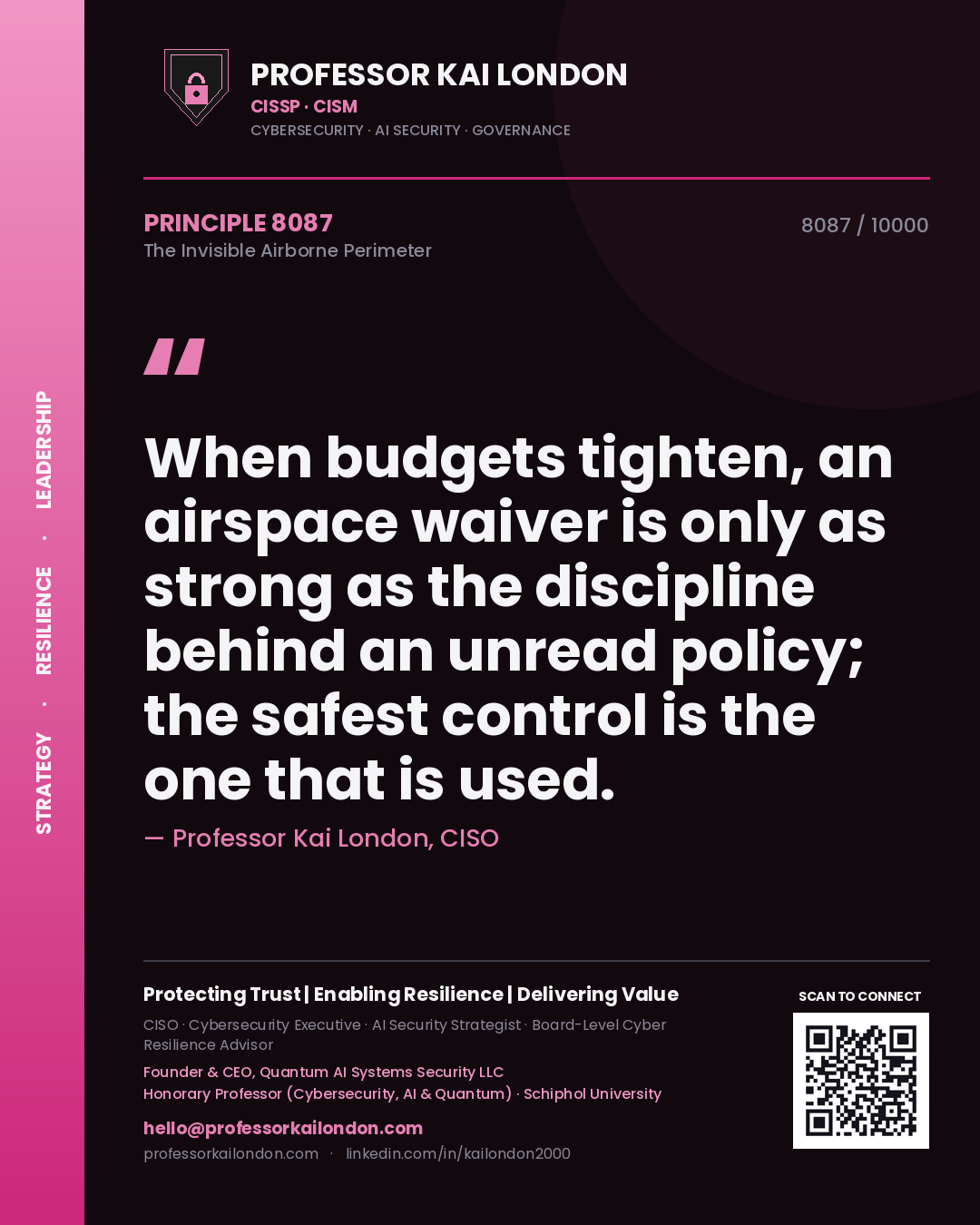 Quote card by Professor Kai London reading 'When budgets tighten, an airspace waiver is only as strong as the discipline behind an unread policy; the safest control is the one that is used.'. From the book The Invisible Airborne Perimeter.