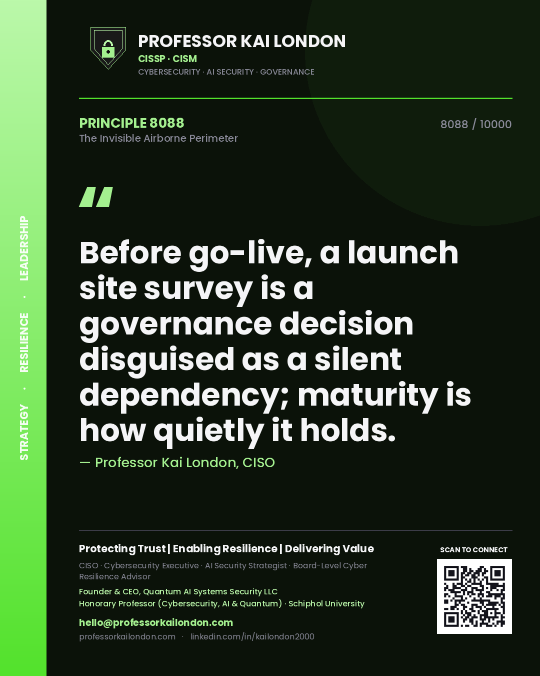 Professor Kai London principle 8088: Before go-live, a launch site survey is a governance decision disguised as a silent dependency; maturity is how quietly it holds.