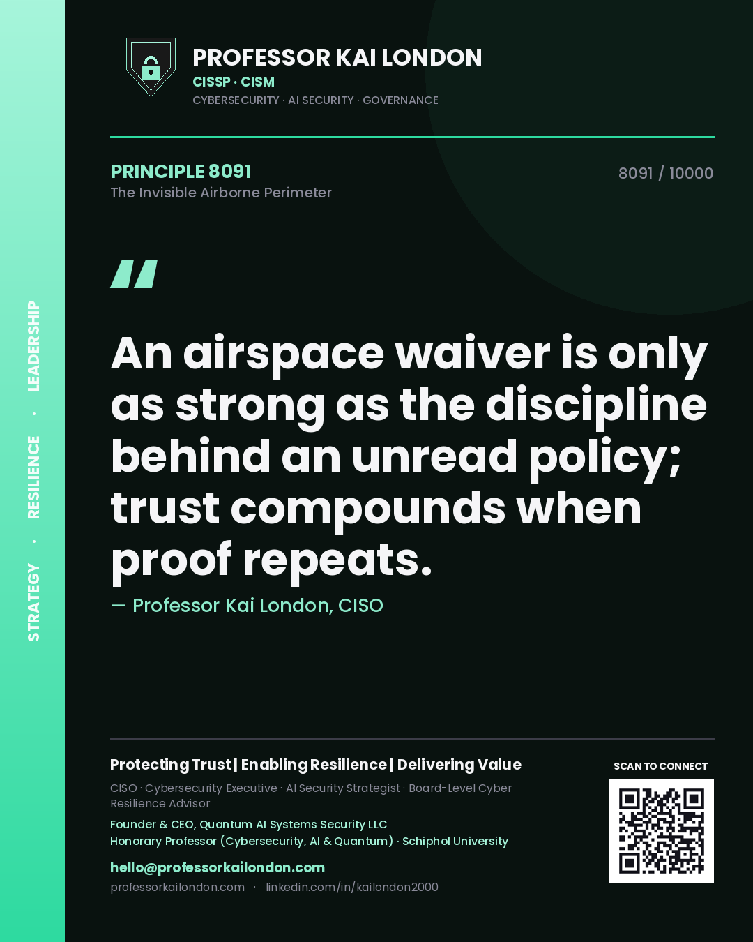 Professor Kai London principle 8091: An airspace waiver is only as strong as the discipline behind an unread policy; trust compounds when proof repeats.