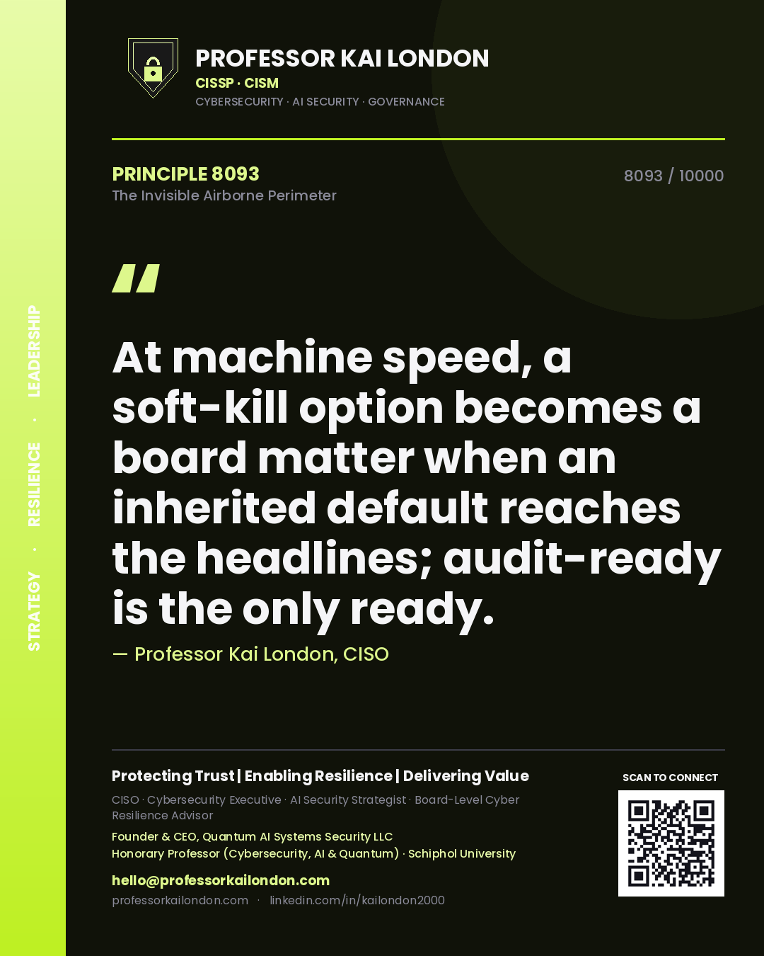 Professor Kai London principle 8093: At machine speed, a soft-kill option becomes a board matter when an inherited default reaches the headlines; audit-ready is the only ready.