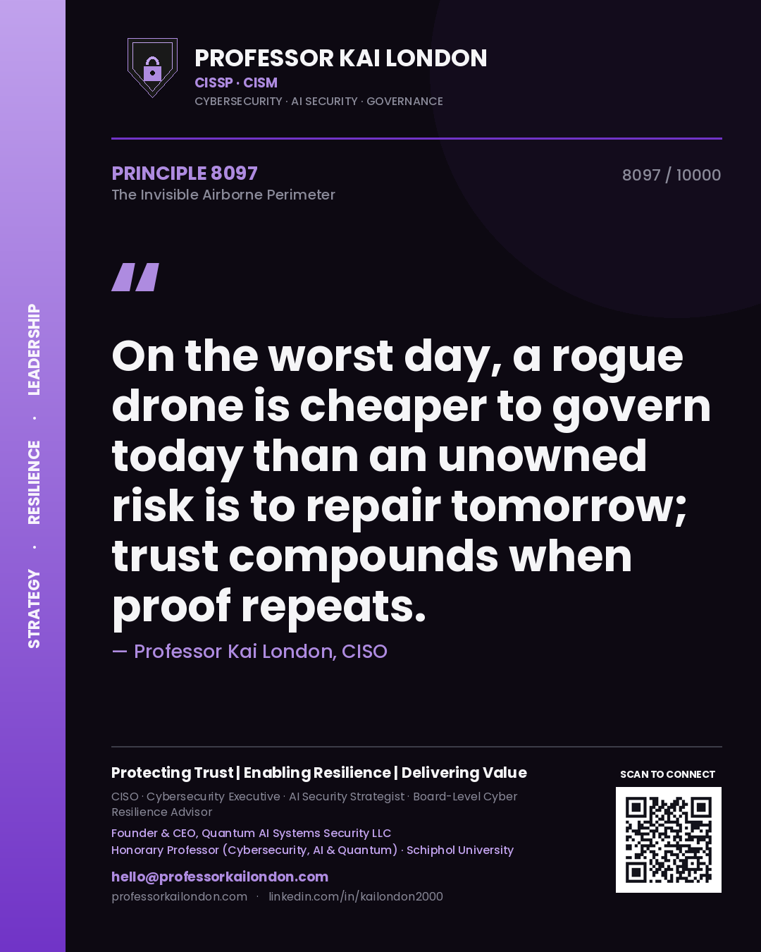 Quote card by Professor Kai London reading 'On the worst day, a rogue drone is cheaper to govern today than an unowned risk is to repair tomorrow; trust compounds when proof repeats.'. From the book The Invisible Airborne Perimeter.