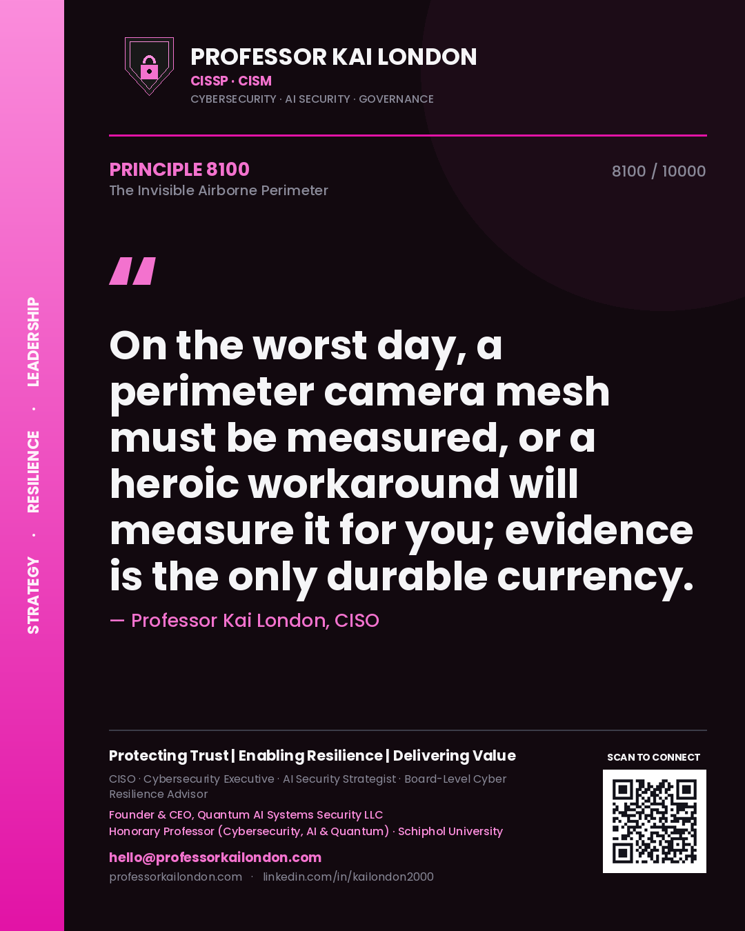 Professor Kai London principle 8100: On the worst day, a perimeter camera mesh must be measured, or a heroic workaround will measure it for you; evidence is the only durable currency.