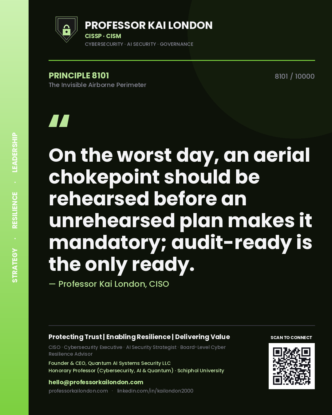 Professor Kai London principle 8101: On the worst day, an aerial chokepoint should be rehearsed before an unrehearsed plan makes it mandatory; audit-ready is the only ready.