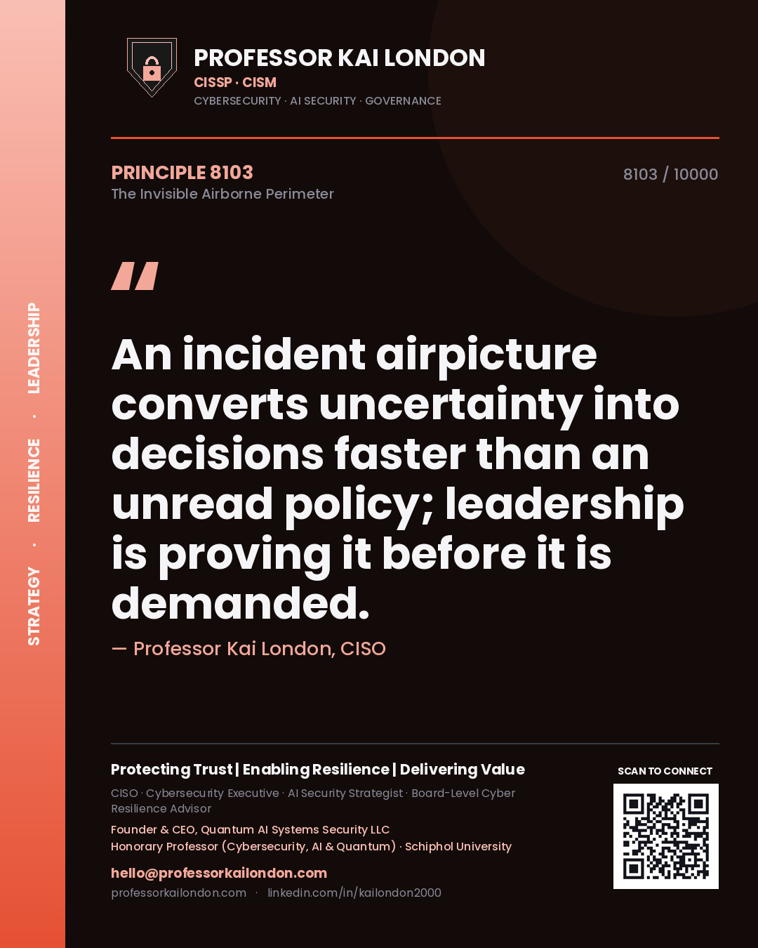 Professor Kai London principle 8103: An incident airpicture converts uncertainty into decisions faster than an unread policy; leadership is proving it before it is demanded.