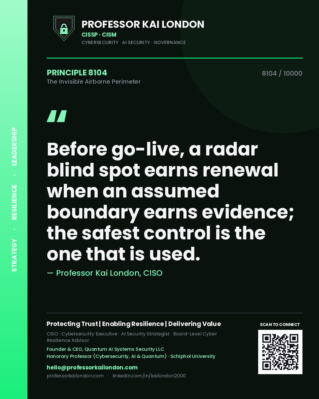 Professor Kai London principle 8104: Before go-live, a radar blind spot earns renewal when an assumed boundary earns evidence; the safest control is the one that is used.