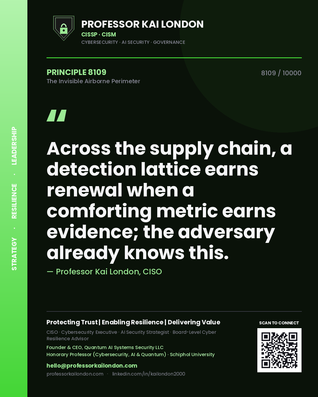 Quote card by Professor Kai London reading 'Across the supply chain, a detection lattice earns renewal when a comforting metric earns evidence; the adversary already knows this.'. From the book The Invisible Airborne Perimeter.