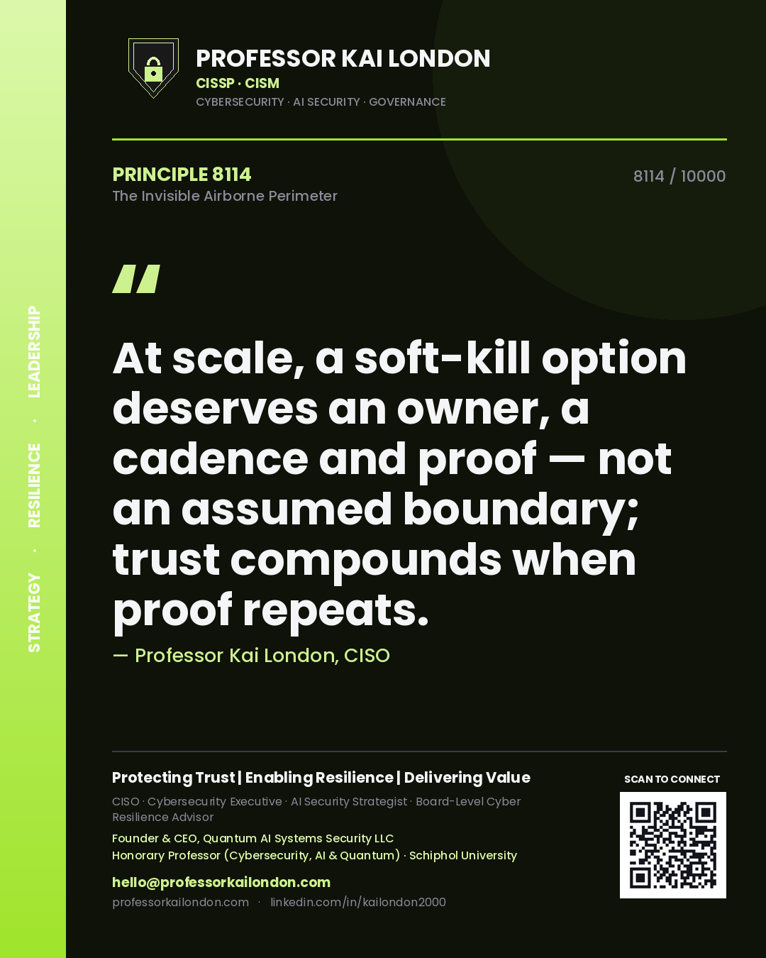Quote card by Professor Kai London reading 'At scale, a soft-kill option deserves an owner, a cadence and proof — not an assumed boundary; trust compounds when proof repeats.'. From the book The Invisible Airborne Perimeter.