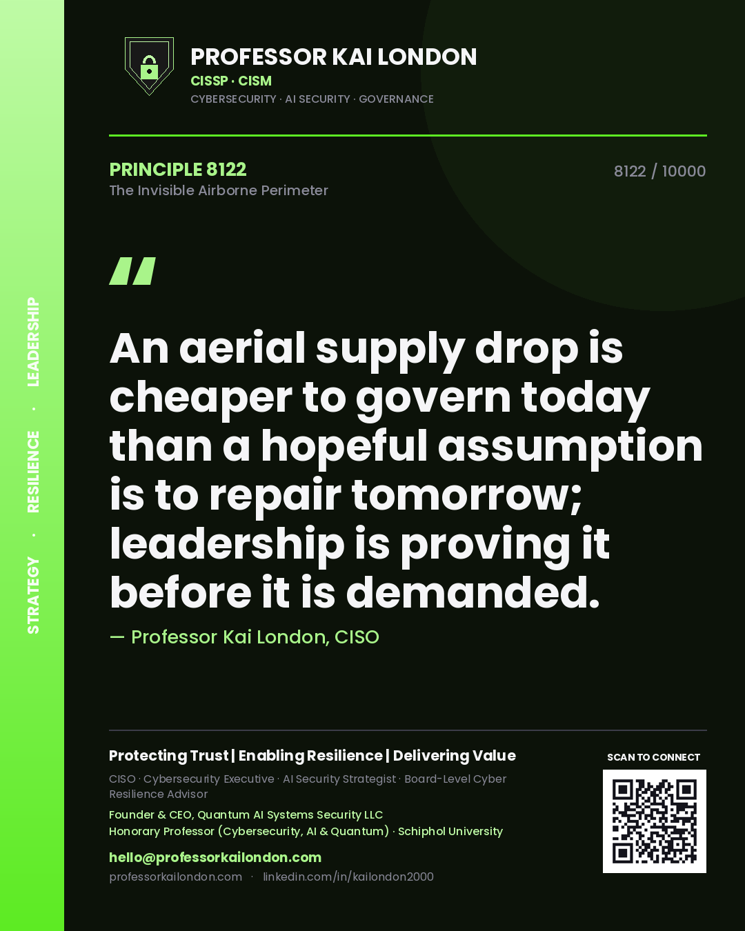 Quote card by Professor Kai London reading 'An aerial supply drop is cheaper to govern today than a hopeful assumption is to repair tomorrow; leadership is proving it before it is demanded.'. From the book The Invisible Airborne Perimeter.
