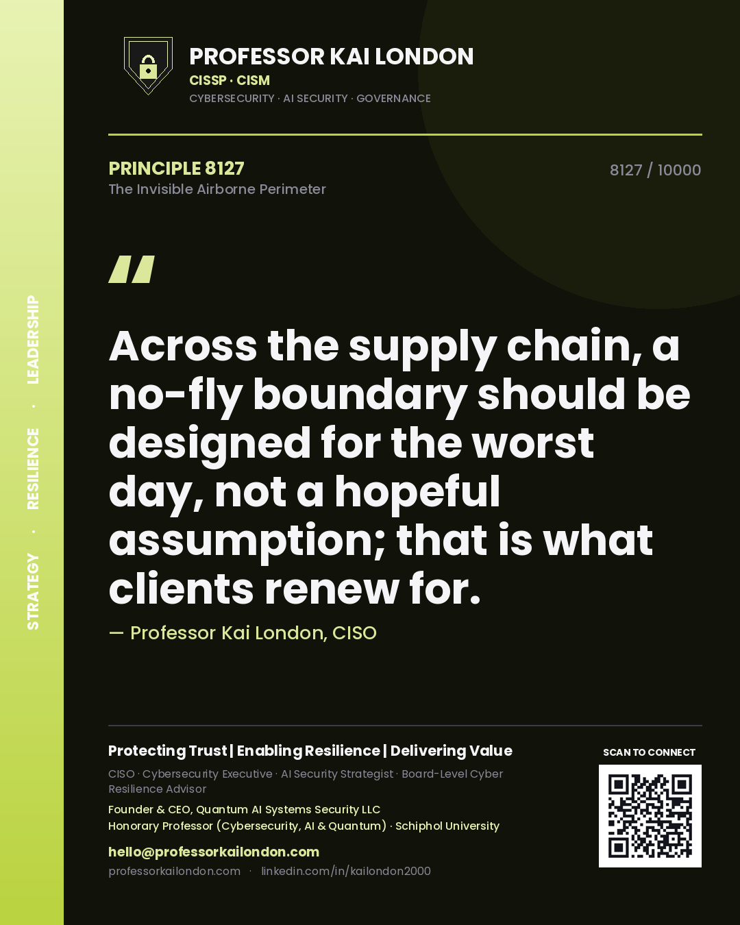 Quote card by Professor Kai London reading 'Across the supply chain, a no-fly boundary should be designed for the worst day, not a hopeful assumption; that is what clients renew for.'. From the book The Invisible Airborne Perimeter.