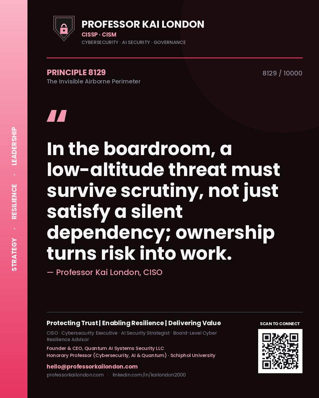 Quote card by Professor Kai London reading 'In the boardroom, a low-altitude threat must survive scrutiny, not just satisfy a silent dependency; ownership turns risk into work.'. From the book The Invisible Airborne Perimeter.
