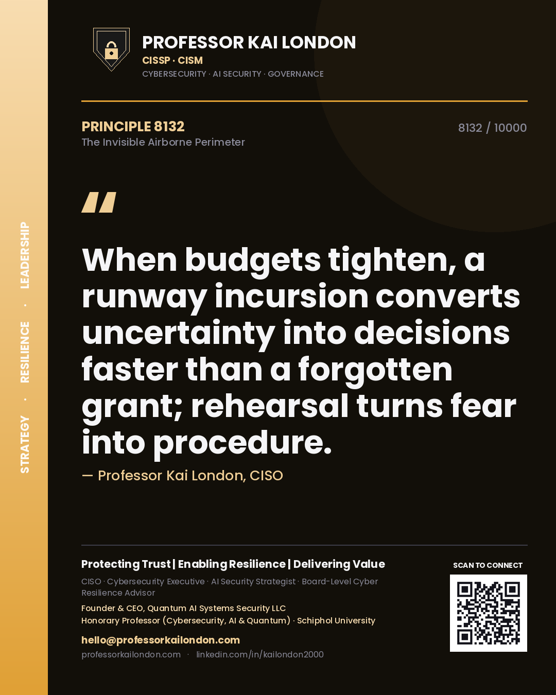 Quote card by Professor Kai London reading 'When budgets tighten, a runway incursion converts uncertainty into decisions faster than a forgotten grant; rehearsal turns fear into procedure.'. From the book The Invisible Airborne Perimeter.