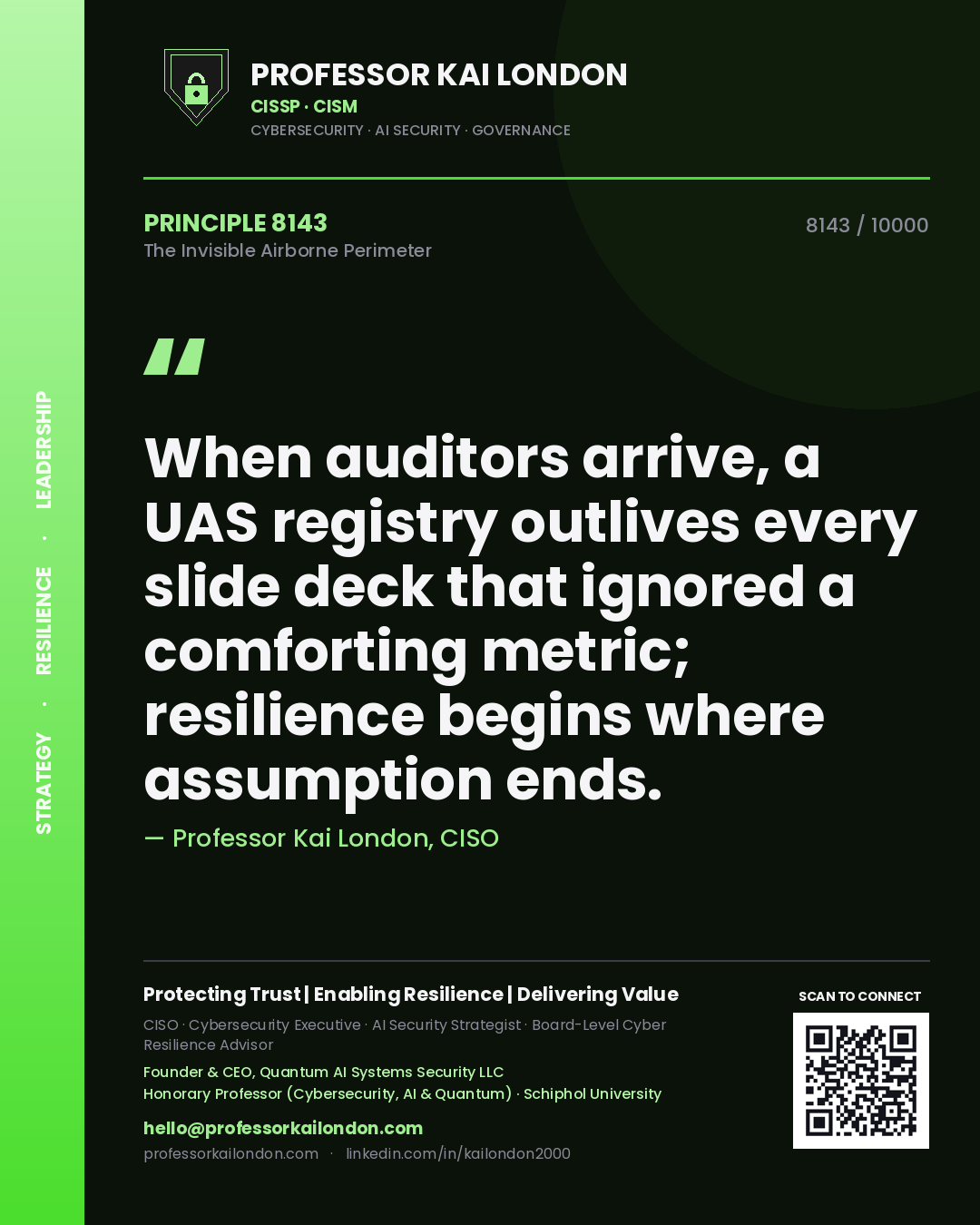 Quote card by Professor Kai London reading 'When auditors arrive, a UAS registry outlives every slide deck that ignored a comforting metric; resilience begins where assumption ends.'. From the book The Invisible Airborne Perimeter.