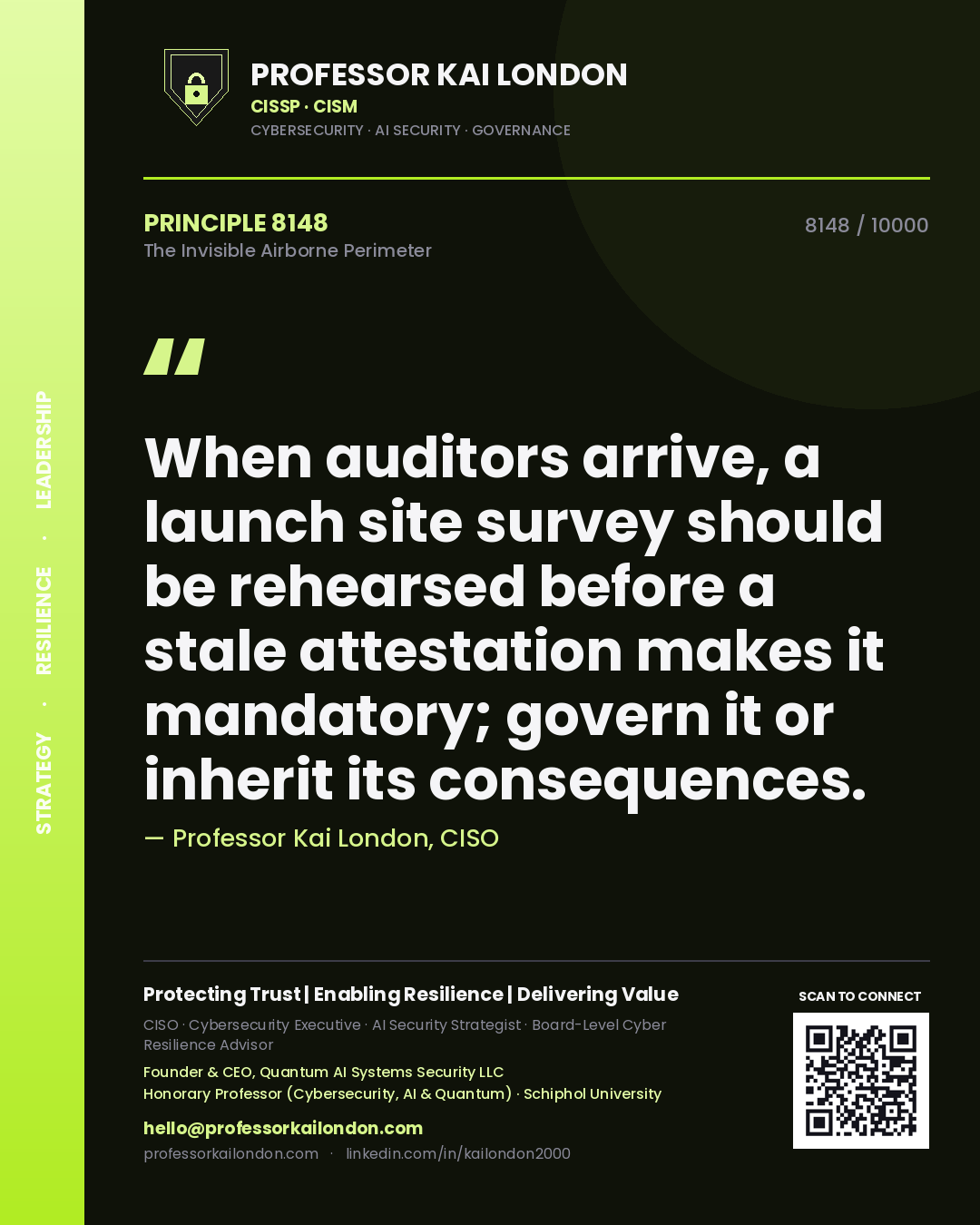 Professor Kai London principle 8148: When auditors arrive, a launch site survey should be rehearsed before a stale attestation makes it mandatory; govern it or inherit its consequences.