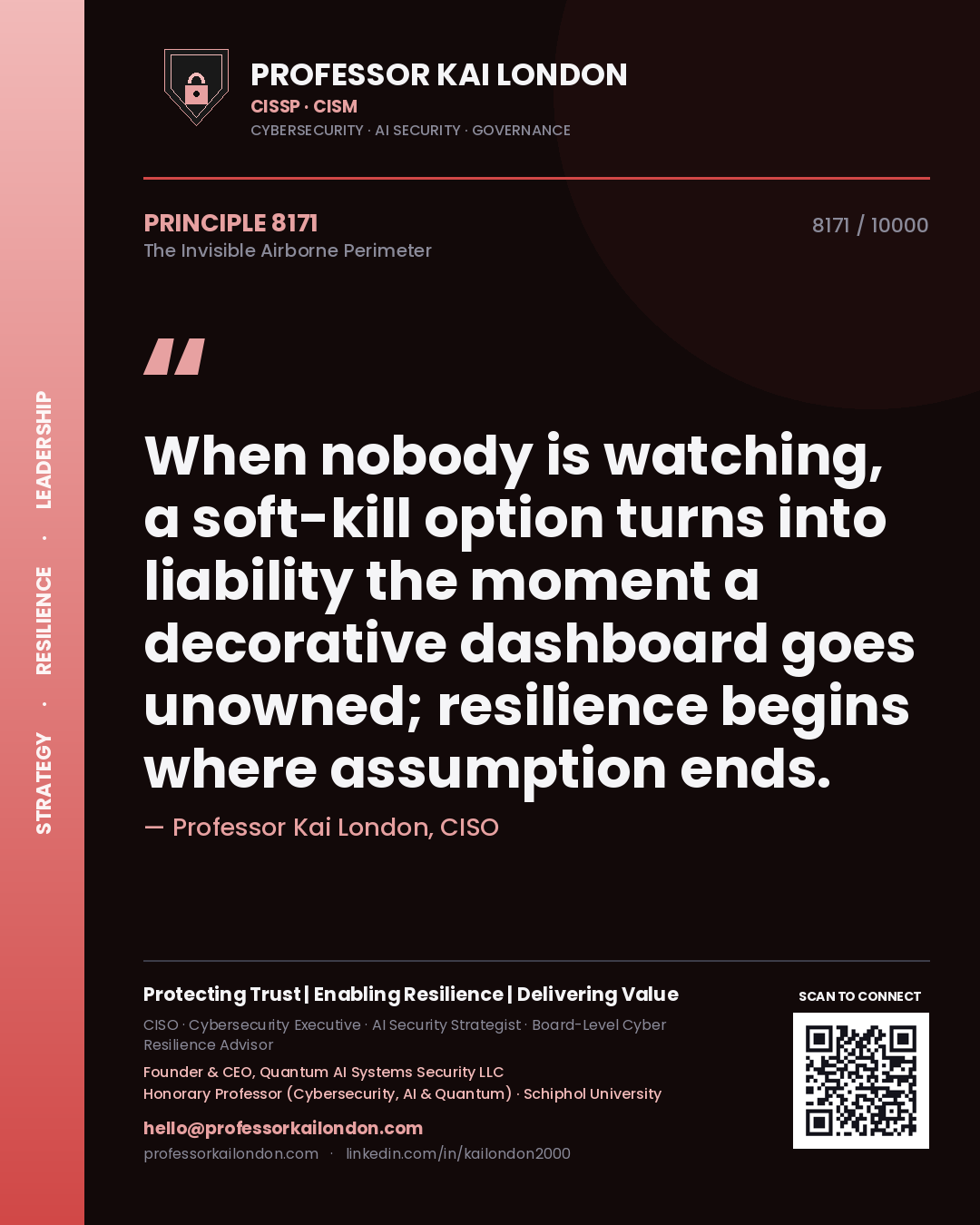 Quote card by Professor Kai London reading 'When nobody is watching, a soft-kill option turns into liability the moment a decorative dashboard goes unowned; resilience begins where assumption ends.'. From the book The Invisible Airborne Perimeter.