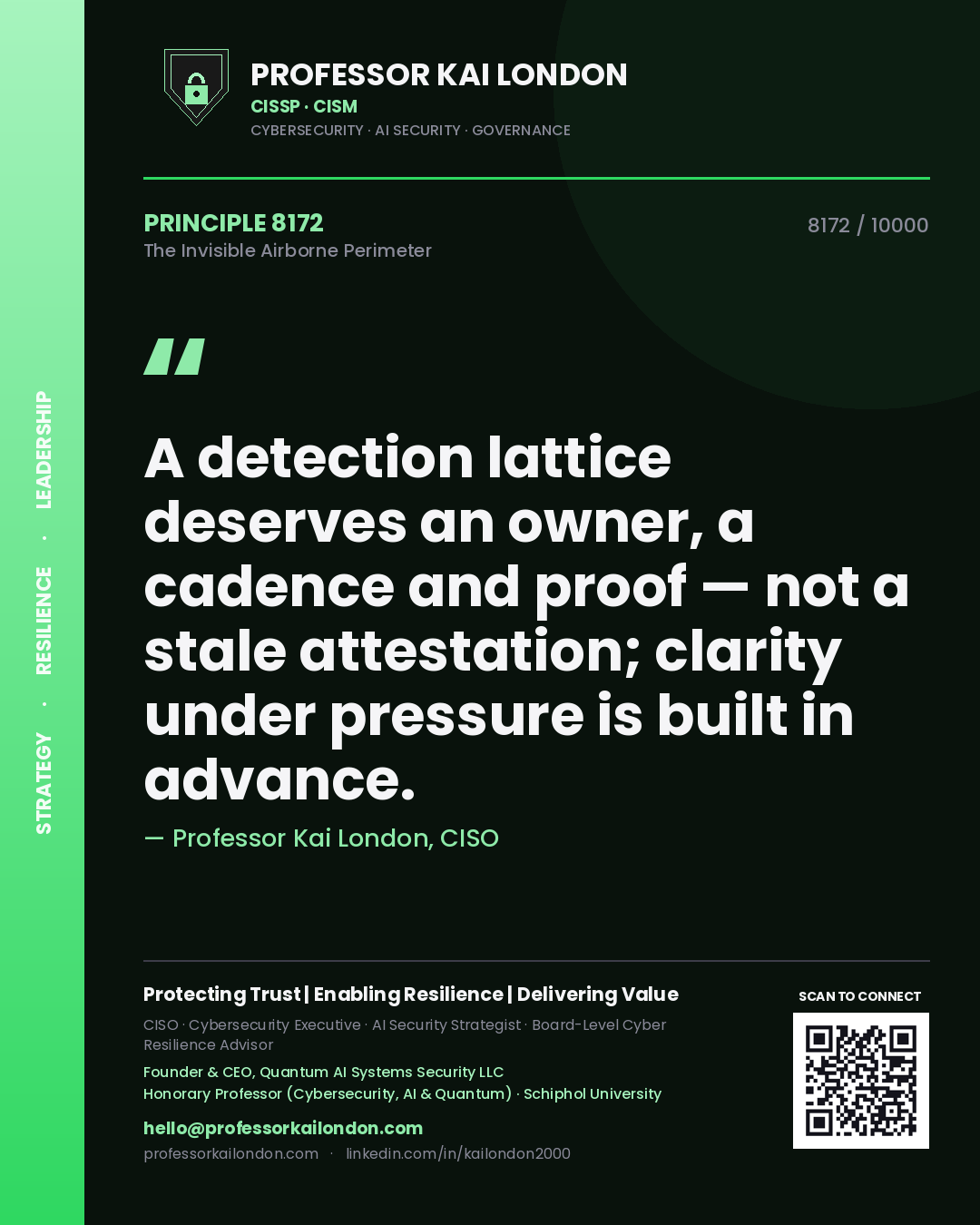 Professor Kai London principle 8172: A detection lattice deserves an owner, a cadence and proof — not a stale attestation; clarity under pressure is built in advance.