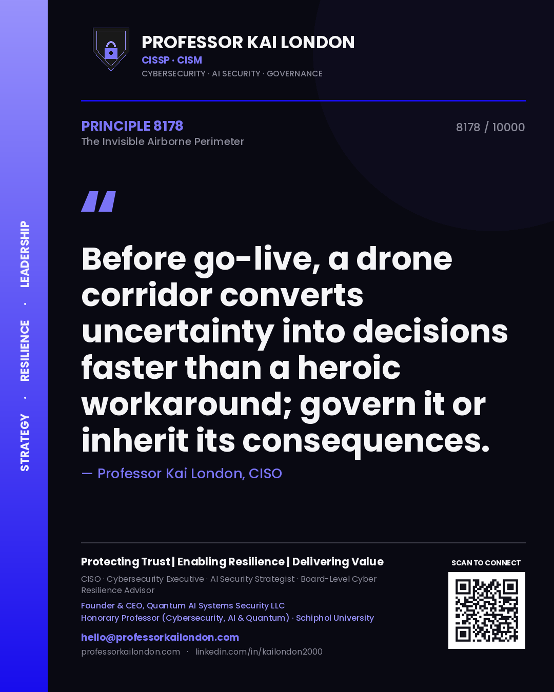 Quote card by Professor Kai London reading 'Before go-live, a drone corridor converts uncertainty into decisions faster than a heroic workaround; govern it or inherit its consequences.'. From the book The Invisible Airborne Perimeter.