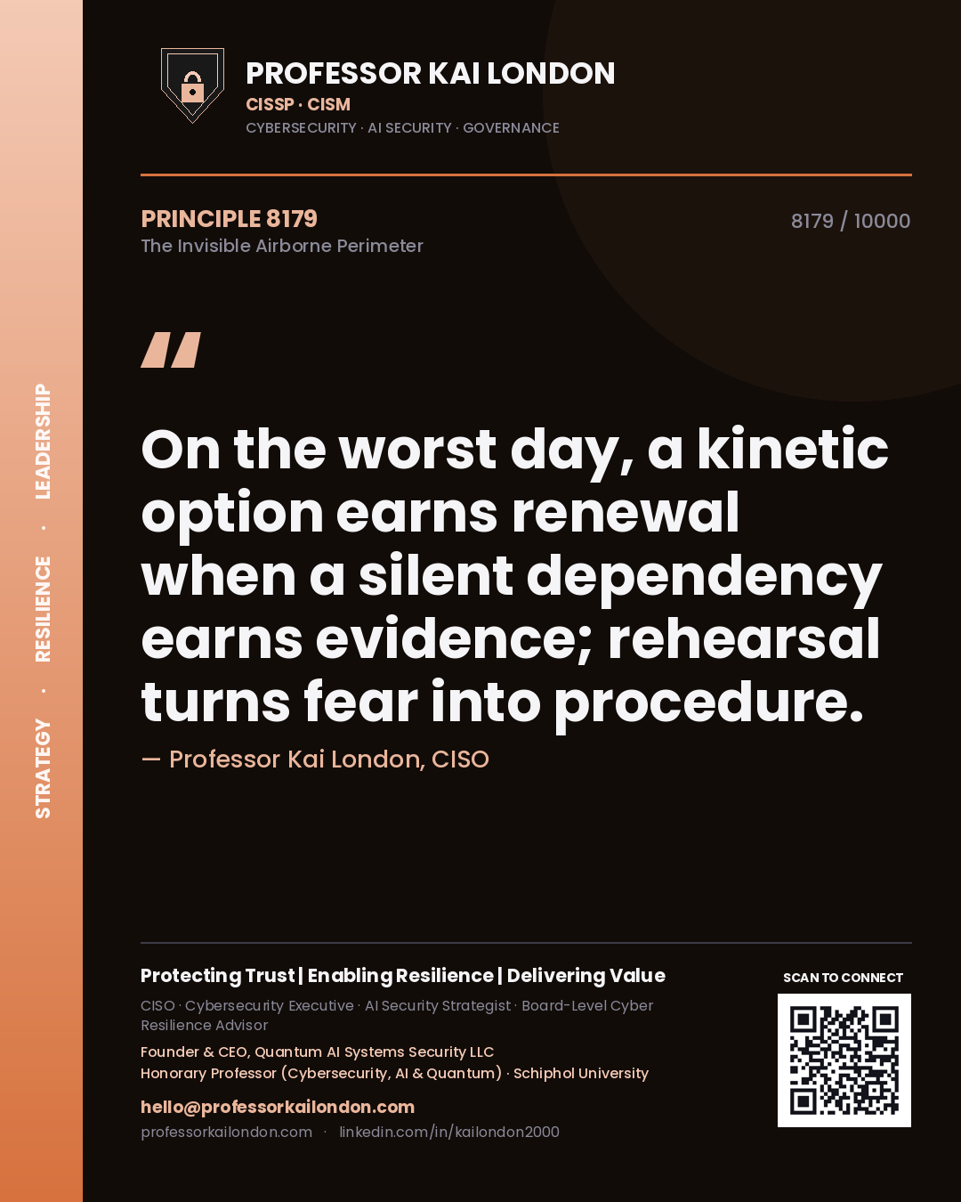 Quote card by Professor Kai London reading 'On the worst day, a kinetic option earns renewal when a silent dependency earns evidence; rehearsal turns fear into procedure.'. From the book The Invisible Airborne Perimeter.