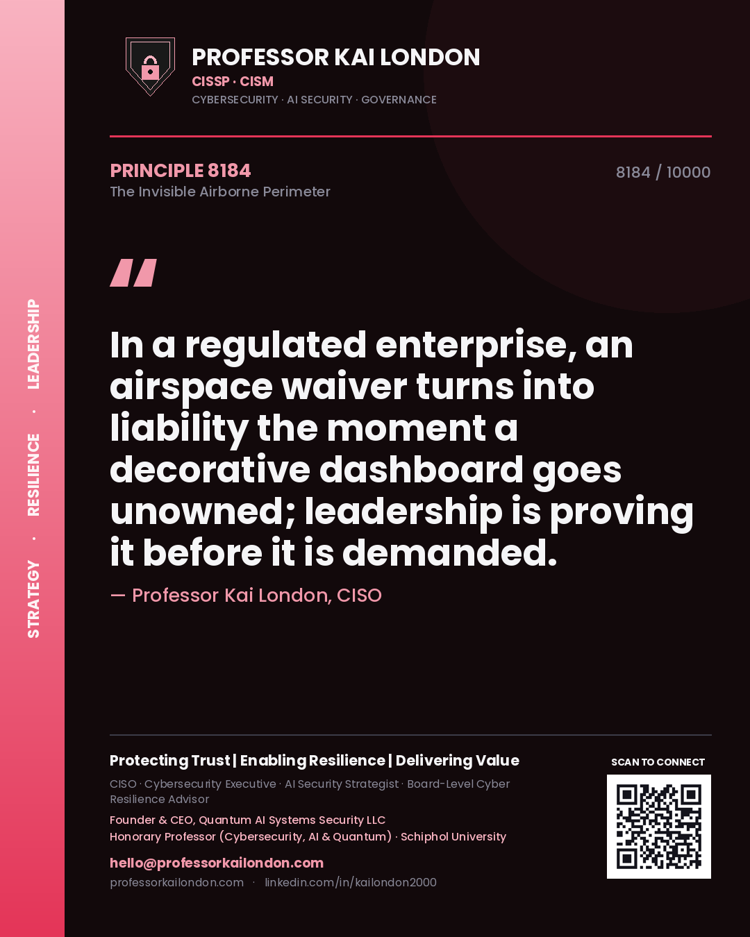 Professor Kai London principle 8184: In a regulated enterprise, an airspace waiver turns into liability the moment a decorative dashboard goes unowned; leadership is proving it before it is demanded.