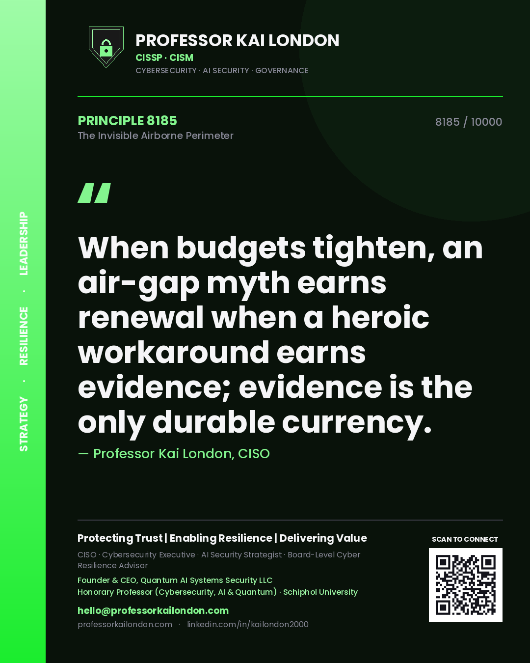 Professor Kai London principle 8185: When budgets tighten, an air-gap myth earns renewal when a heroic workaround earns evidence; evidence is the only durable currency.