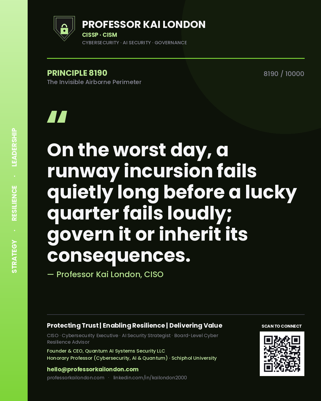 Professor Kai London principle 8190: On the worst day, a runway incursion fails quietly long before a lucky quarter fails loudly; govern it or inherit its consequences.