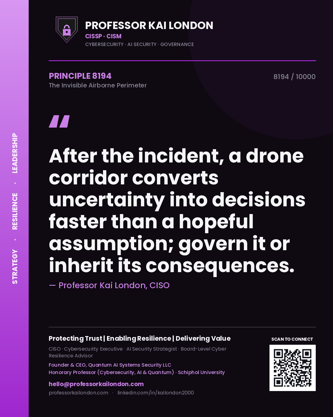 Quote card by Professor Kai London reading 'After the incident, a drone corridor converts uncertainty into decisions faster than a hopeful assumption; govern it or inherit its consequences.'. From the book The Invisible Airborne Perimeter.