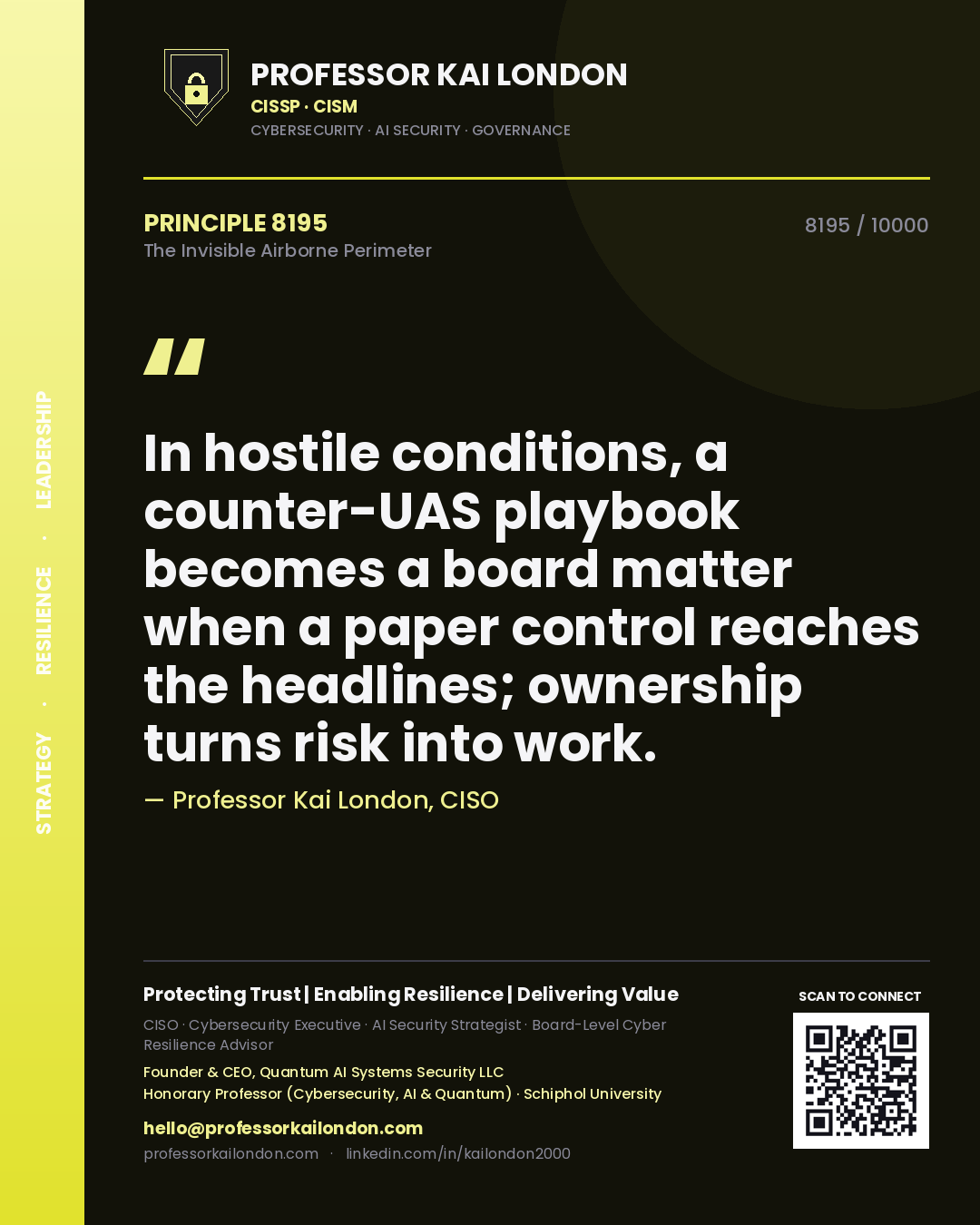 Quote card by Professor Kai London reading 'In hostile conditions, a counter-UAS playbook becomes a board matter when a paper control reaches the headlines; ownership turns risk into work.'. From the book The Invisible Airborne Perimeter.