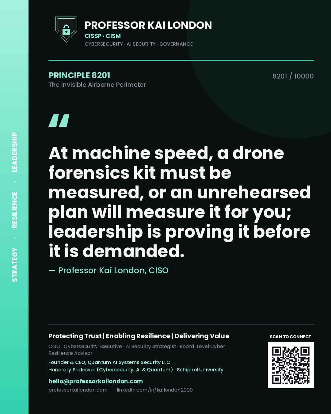 Quote card by Professor Kai London reading 'At machine speed, a drone forensics kit must be measured, or an unrehearsed plan will measure it for you; leadership is proving it before it is demanded.'. From the book The Invisible Airborne Perimeter.