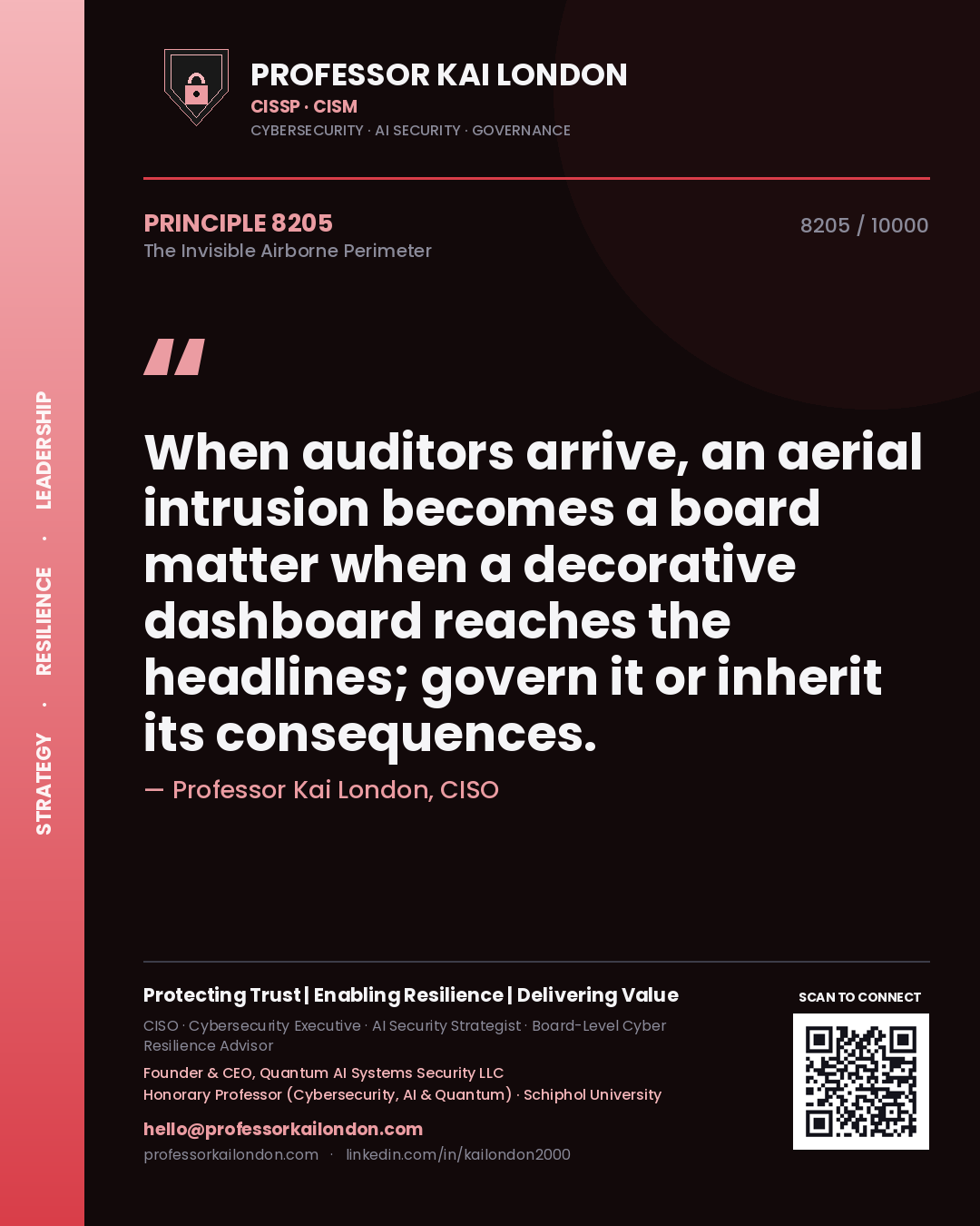 Quote card by Professor Kai London reading 'When auditors arrive, an aerial intrusion becomes a board matter when a decorative dashboard reaches the headlines; govern it or inherit its consequences.'. From the book The Invisible Airborne Perimeter.