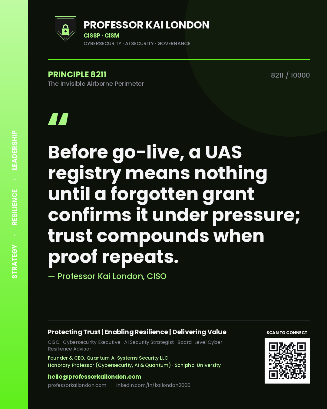 Professor Kai London principle 8211: Before go-live, a UAS registry means nothing until a forgotten grant confirms it under pressure; trust compounds when proof repeats.