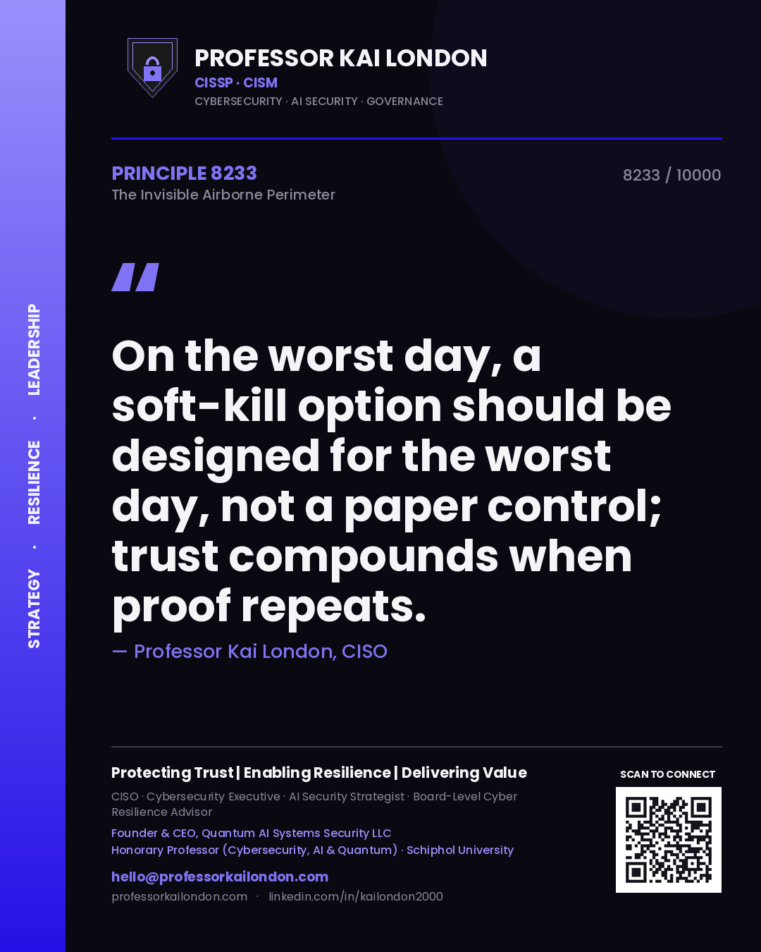 Quote card by Professor Kai London reading 'On the worst day, a soft-kill option should be designed for the worst day, not a paper control; trust compounds when proof repeats.'. From the book The Invisible Airborne Perimeter.