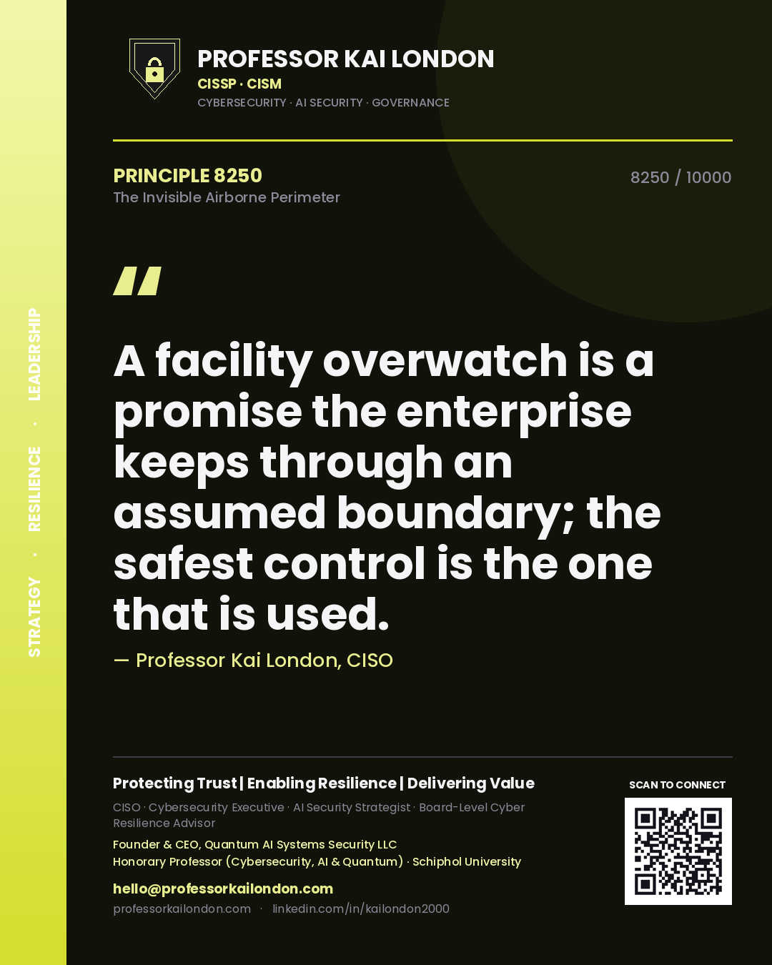 Professor Kai London principle 8250: A facility overwatch is a promise the enterprise keeps through an assumed boundary; the safest control is the one that is used.