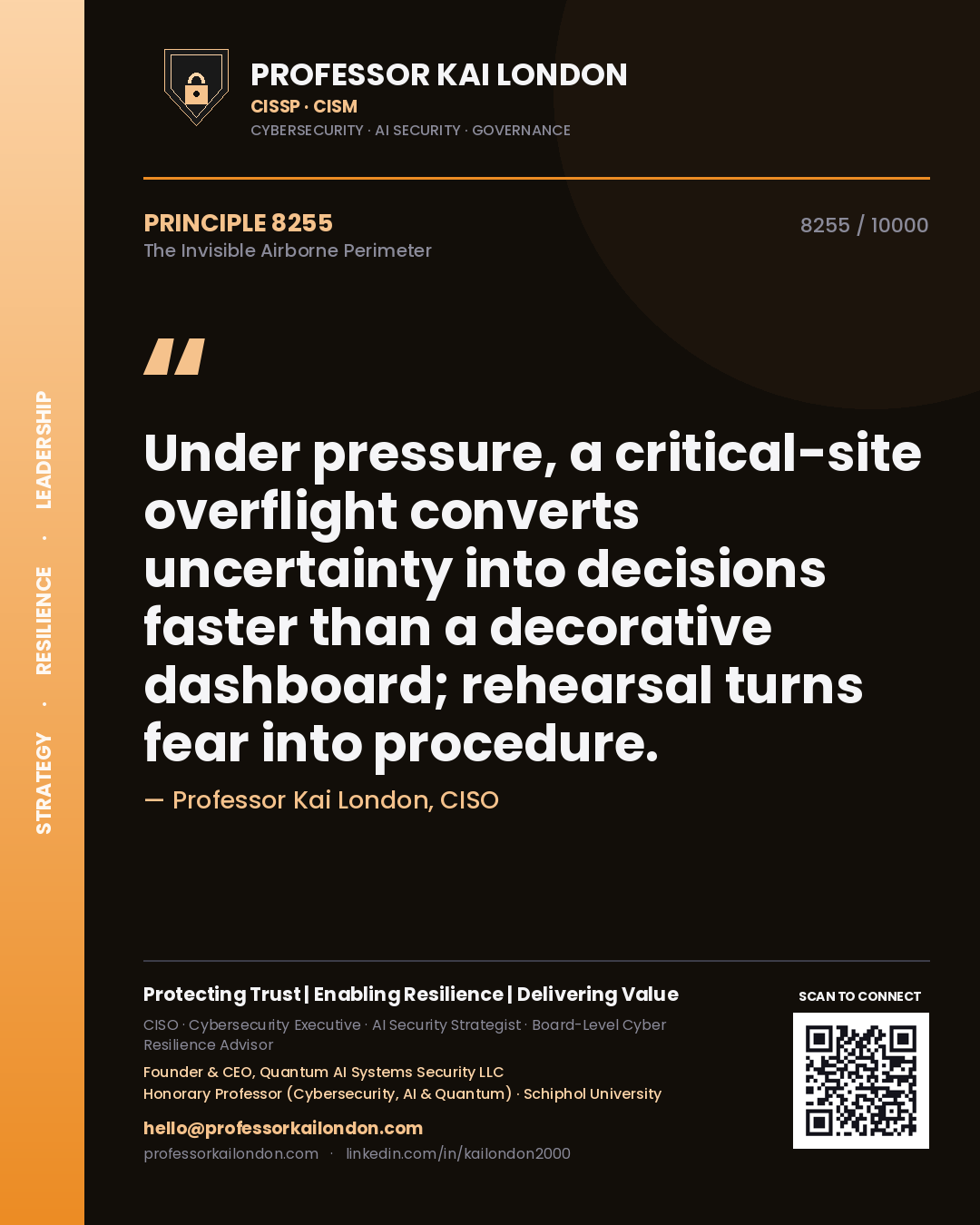 Quote card by Professor Kai London reading 'Under pressure, a critical-site overflight converts uncertainty into decisions faster than a decorative dashboard; rehearsal turns fear into procedure.'. From the book The Invisible Airborne Perimeter.