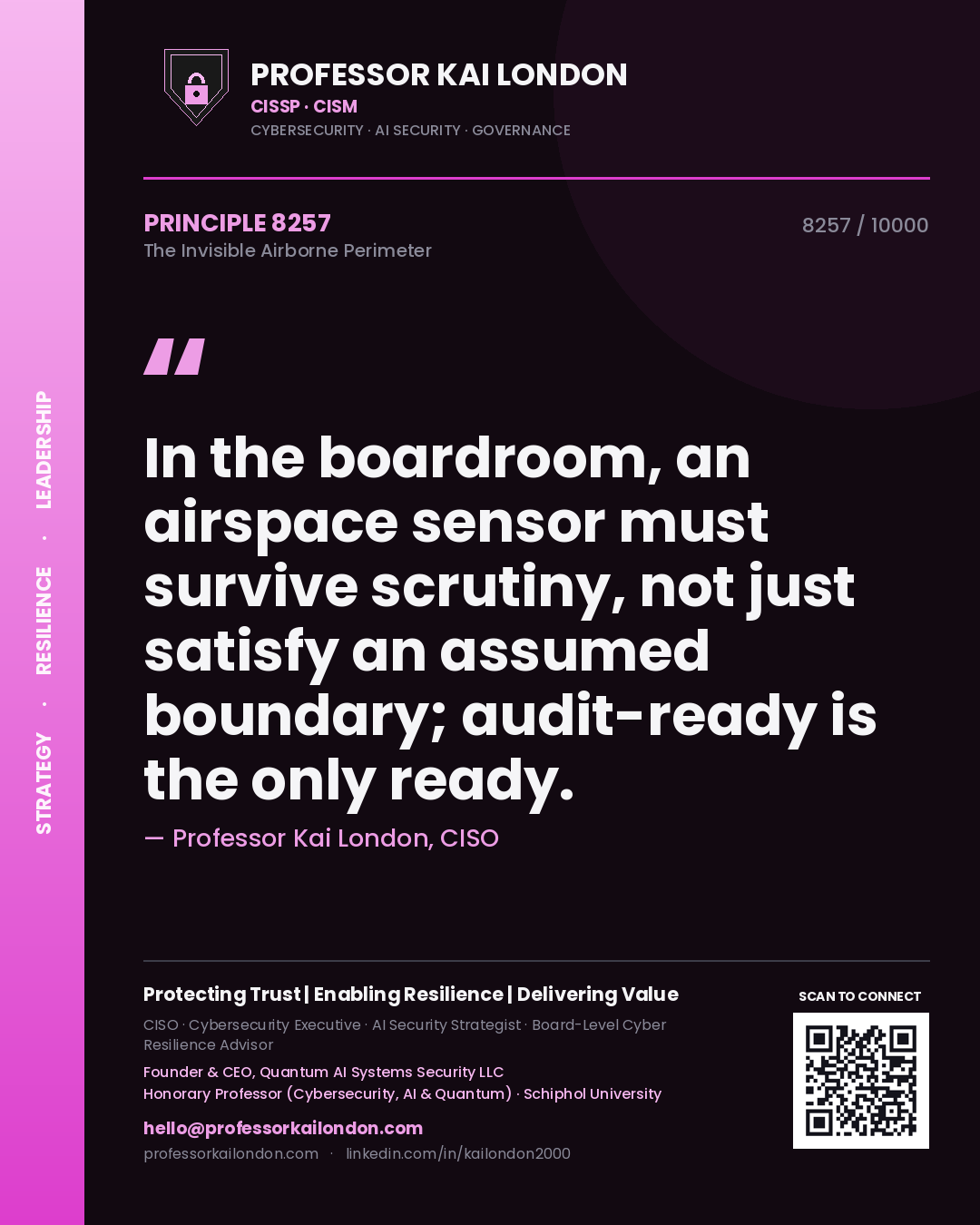 Quote card by Professor Kai London reading 'In the boardroom, an airspace sensor must survive scrutiny, not just satisfy an assumed boundary; audit-ready is the only ready.'. From the book The Invisible Airborne Perimeter.