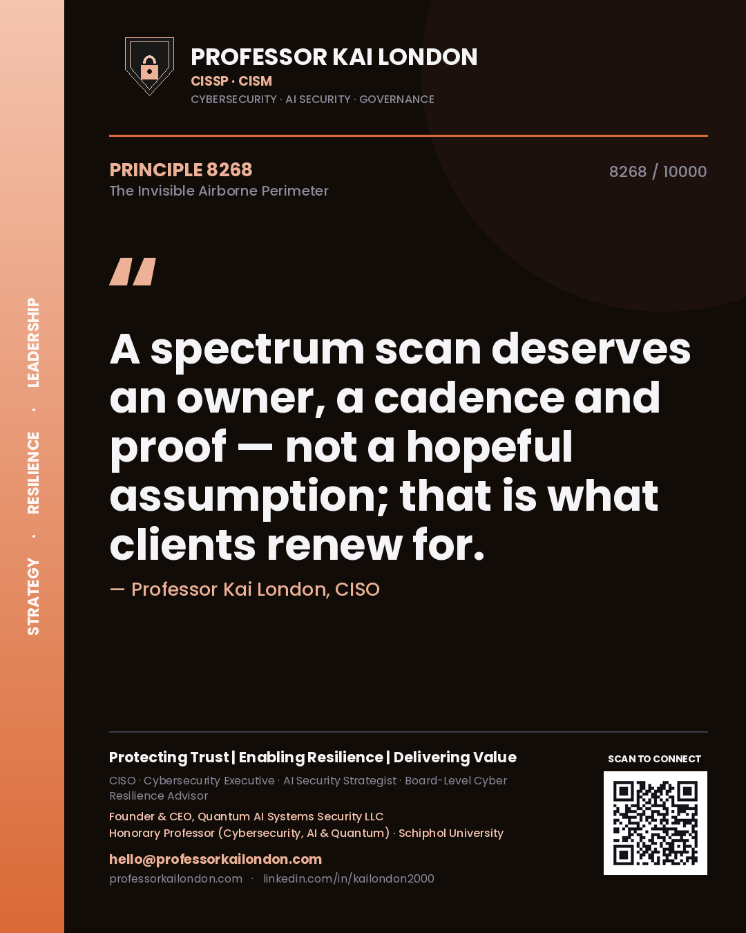Quote card by Professor Kai London reading 'A spectrum scan deserves an owner, a cadence and proof — not a hopeful assumption; that is what clients renew for.'. From the book The Invisible Airborne Perimeter.