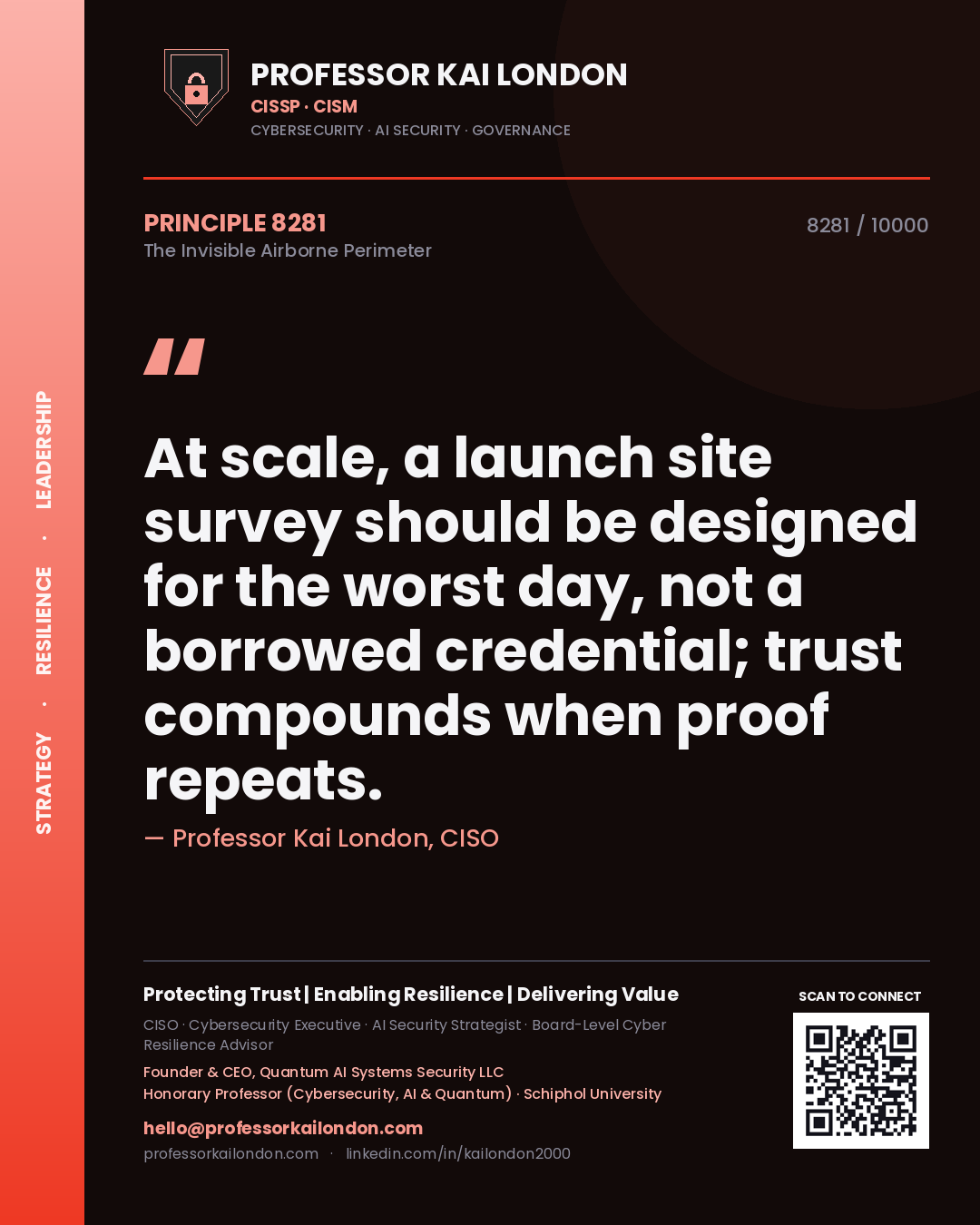 Quote card by Professor Kai London reading 'At scale, a launch site survey should be designed for the worst day, not a borrowed credential; trust compounds when proof repeats.'. From the book The Invisible Airborne Perimeter.