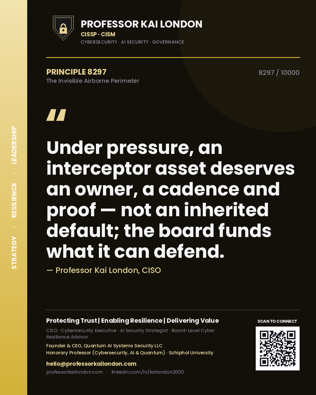 Quote card by Professor Kai London reading 'Under pressure, an interceptor asset deserves an owner, a cadence and proof — not an inherited default; the board funds what it can defend.'. From the book The Invisible Airborne Perimeter.