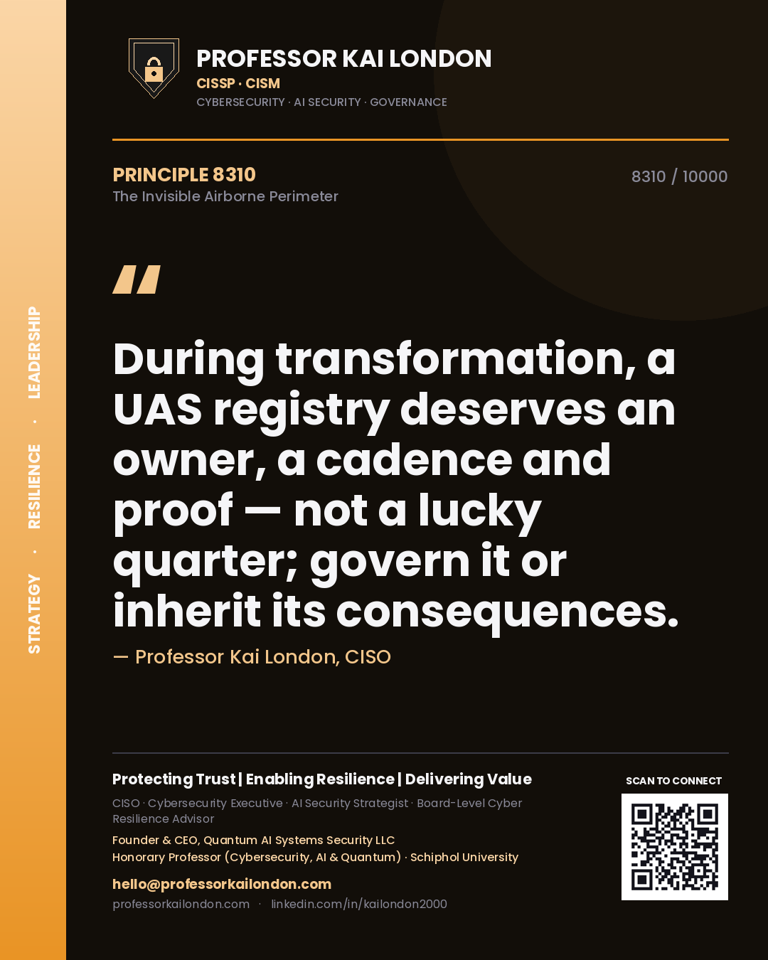 Professor Kai London principle 8310: During transformation, a UAS registry deserves an owner, a cadence and proof — not a lucky quarter; govern it or inherit its consequences.