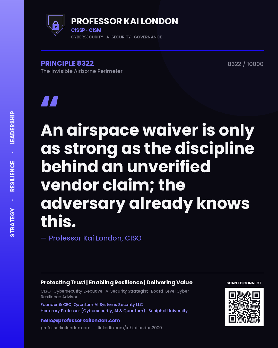 Quote card by Professor Kai London reading 'An airspace waiver is only as strong as the discipline behind an unverified vendor claim; the adversary already knows this.'. From the book The Invisible Airborne Perimeter.
