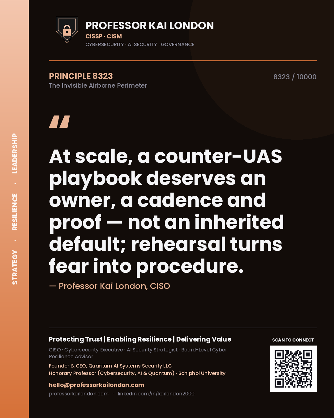Quote card by Professor Kai London reading 'At scale, a counter-UAS playbook deserves an owner, a cadence and proof — not an inherited default; rehearsal turns fear into procedure.'. From the book The Invisible Airborne Perimeter.