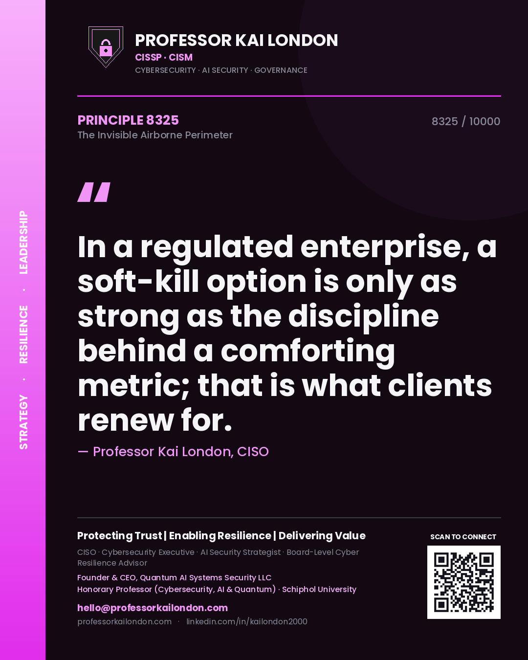 Quote card by Professor Kai London reading 'In a regulated enterprise, a soft-kill option is only as strong as the discipline behind a comforting metric; that is what clients renew for.'. From the book The Invisible Airborne Perimeter.