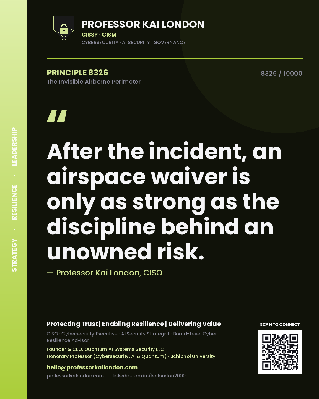 Quote card by Professor Kai London reading 'After the incident, an airspace waiver is only as strong as the discipline behind an unowned risk.'. From the book The Invisible Airborne Perimeter.
