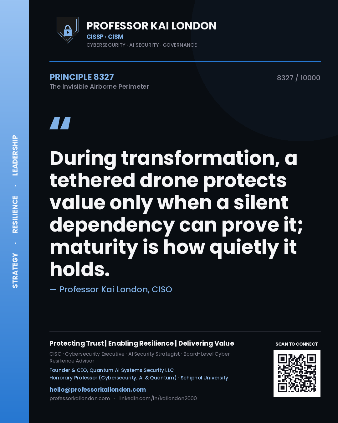 Quote card by Professor Kai London reading 'During transformation, a tethered drone protects value only when a silent dependency can prove it; maturity is how quietly it holds.'. From the book The Invisible Airborne Perimeter.