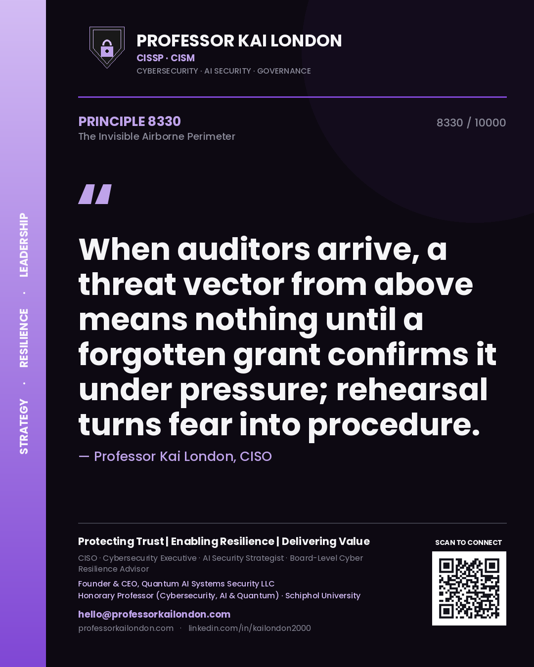 Professor Kai London principle 8330: When auditors arrive, a threat vector from above means nothing until a forgotten grant confirms it under pressure; rehearsal turns fear into procedure.