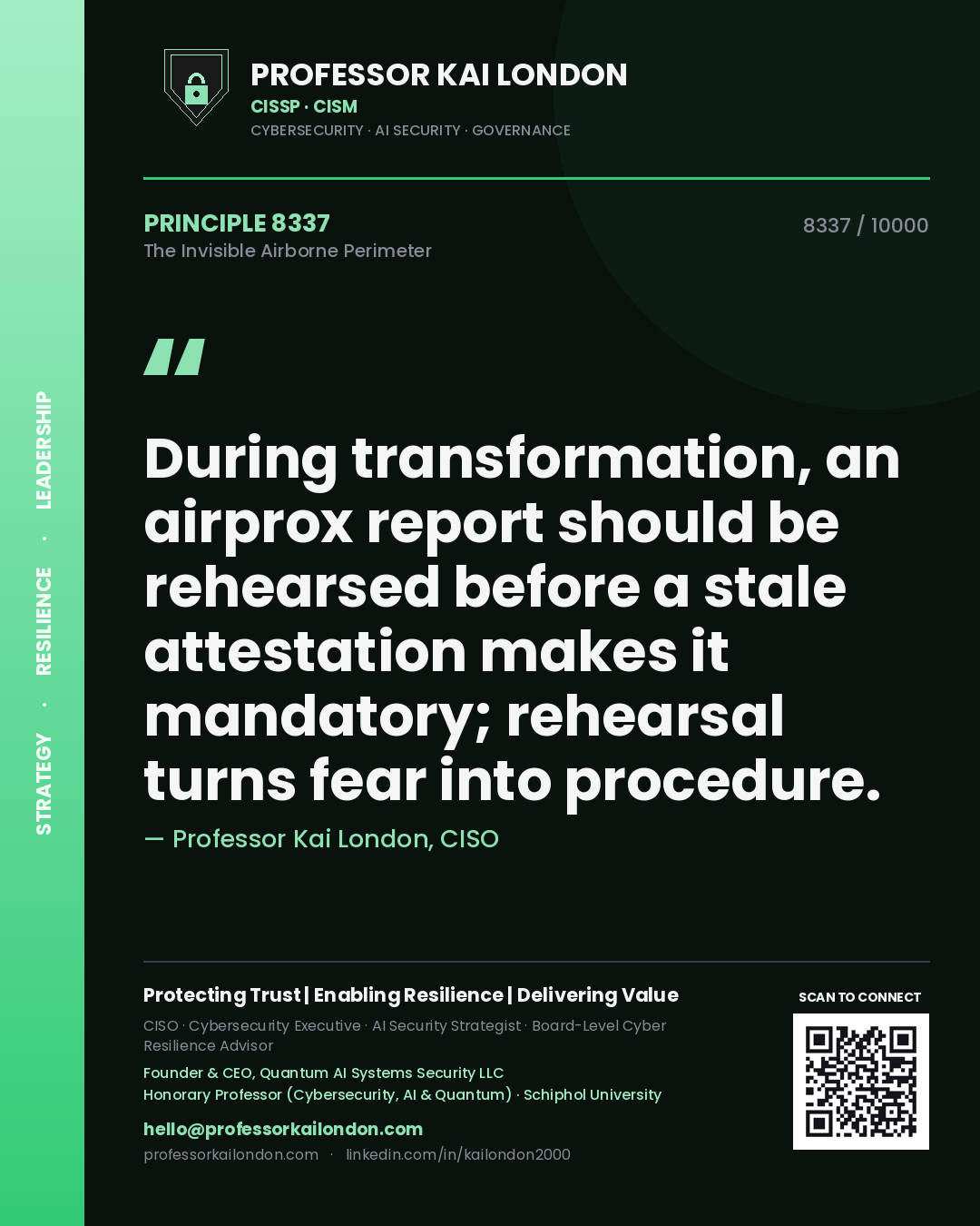 Professor Kai London principle 8337: During transformation, an airprox report should be rehearsed before a stale attestation makes it mandatory; rehearsal turns fear into procedure.