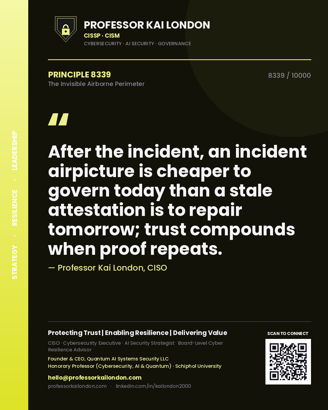 Professor Kai London principle 8339: After the incident, an incident airpicture is cheaper to govern today than a stale attestation is to repair tomorrow; trust compounds when proof repeats.