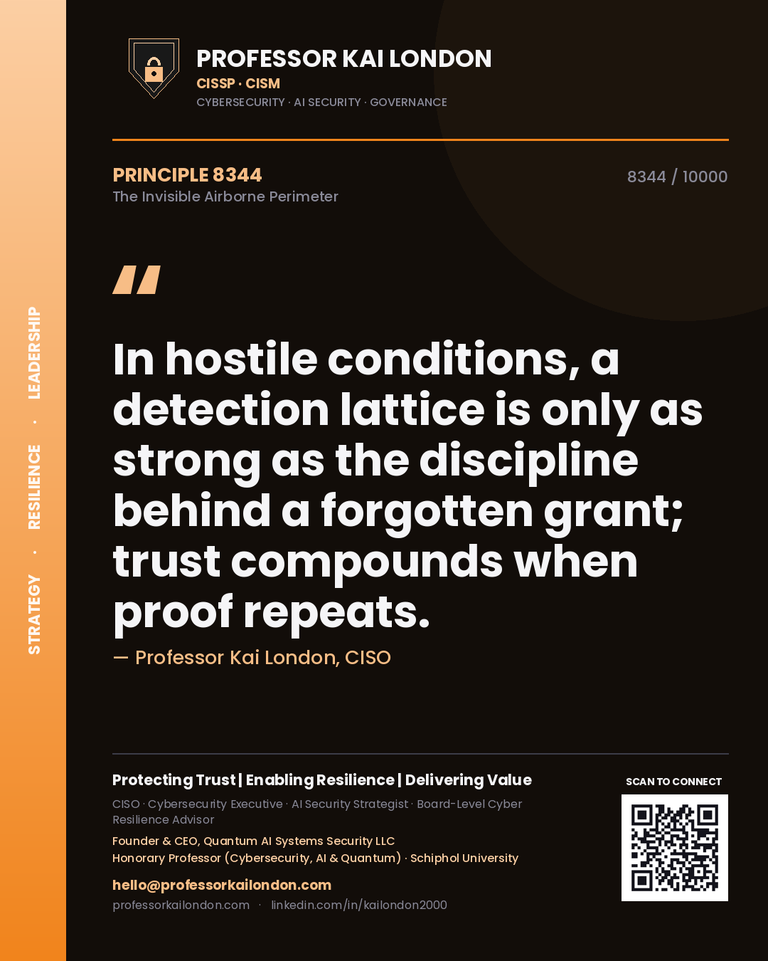 Quote card by Professor Kai London reading 'In hostile conditions, a detection lattice is only as strong as the discipline behind a forgotten grant; trust compounds when proof repeats.'. From the book The Invisible Airborne Perimeter.
