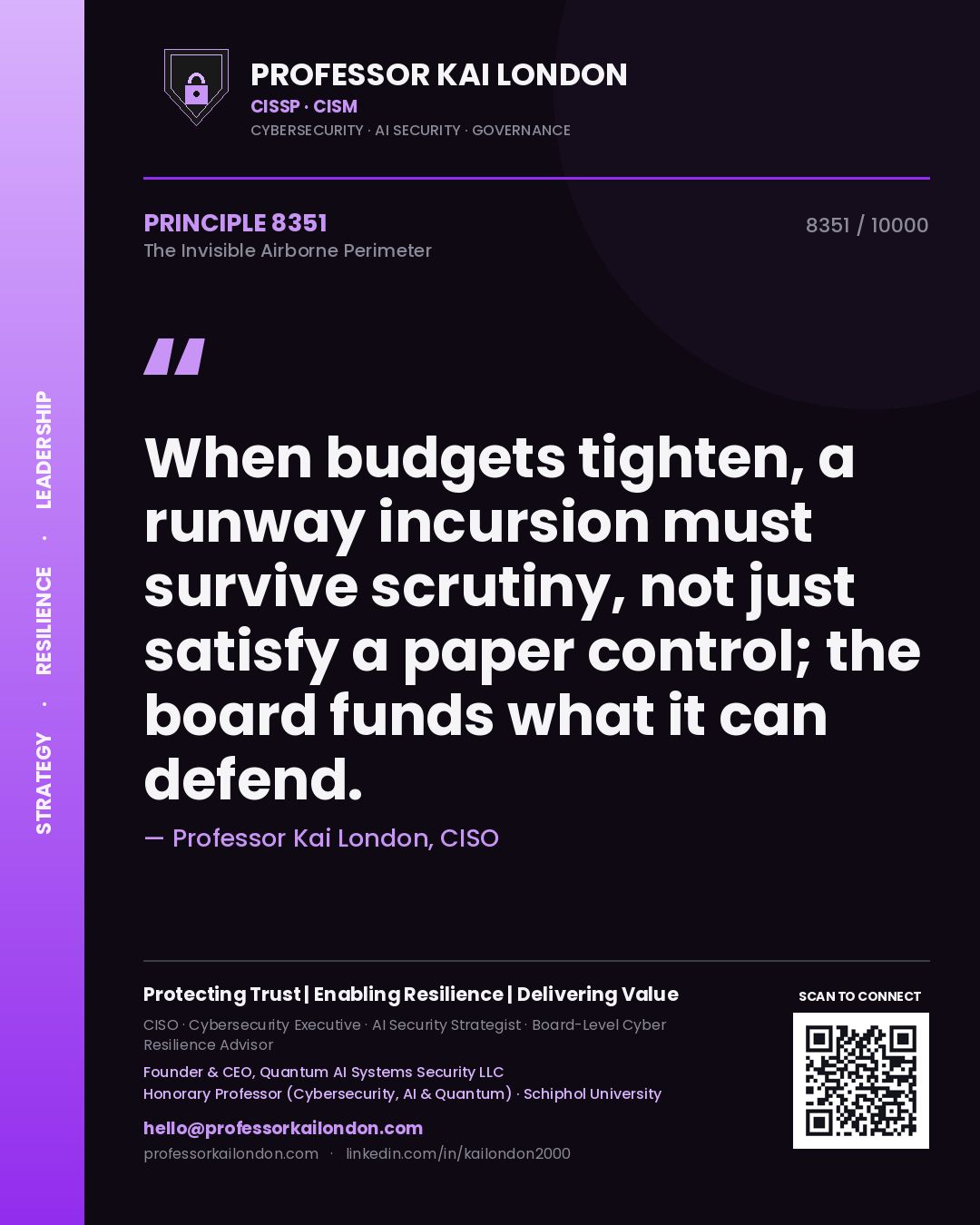 Professor Kai London principle 8351: When budgets tighten, a runway incursion must survive scrutiny, not just satisfy a paper control; the board funds what it can defend.