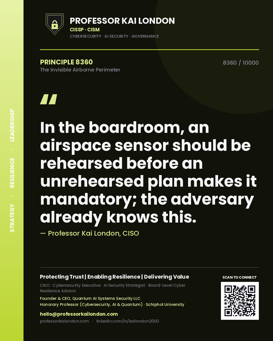 Quote card by Professor Kai London reading 'In the boardroom, an airspace sensor should be rehearsed before an unrehearsed plan makes it mandatory; the adversary already knows this.'. From the book The Invisible Airborne Perimeter.