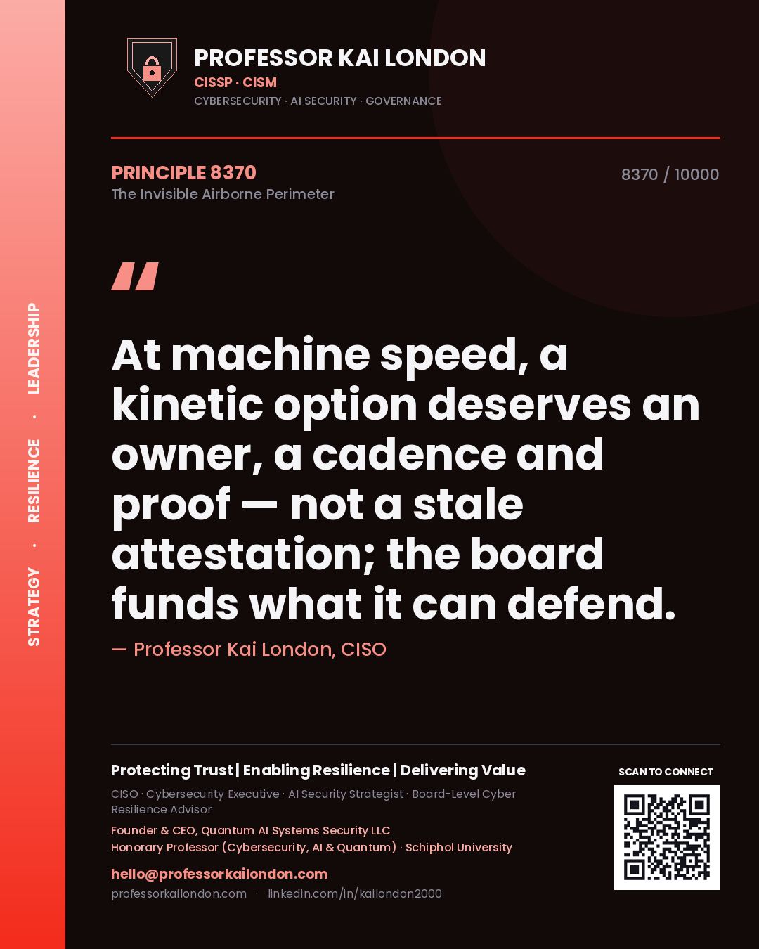 Quote card by Professor Kai London reading 'At machine speed, a kinetic option deserves an owner, a cadence and proof — not a stale attestation; the board funds what it can defend.'. From the book The Invisible Airborne Perimeter.