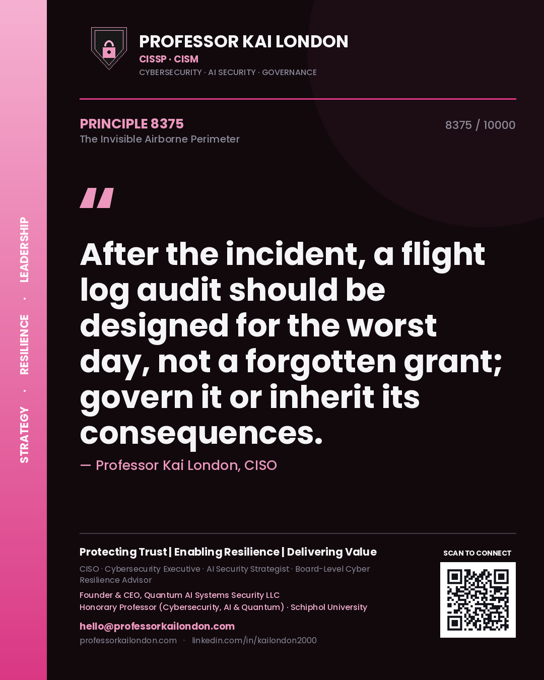 Professor Kai London principle 8375: After the incident, a flight log audit should be designed for the worst day, not a forgotten grant; govern it or inherit its consequences.